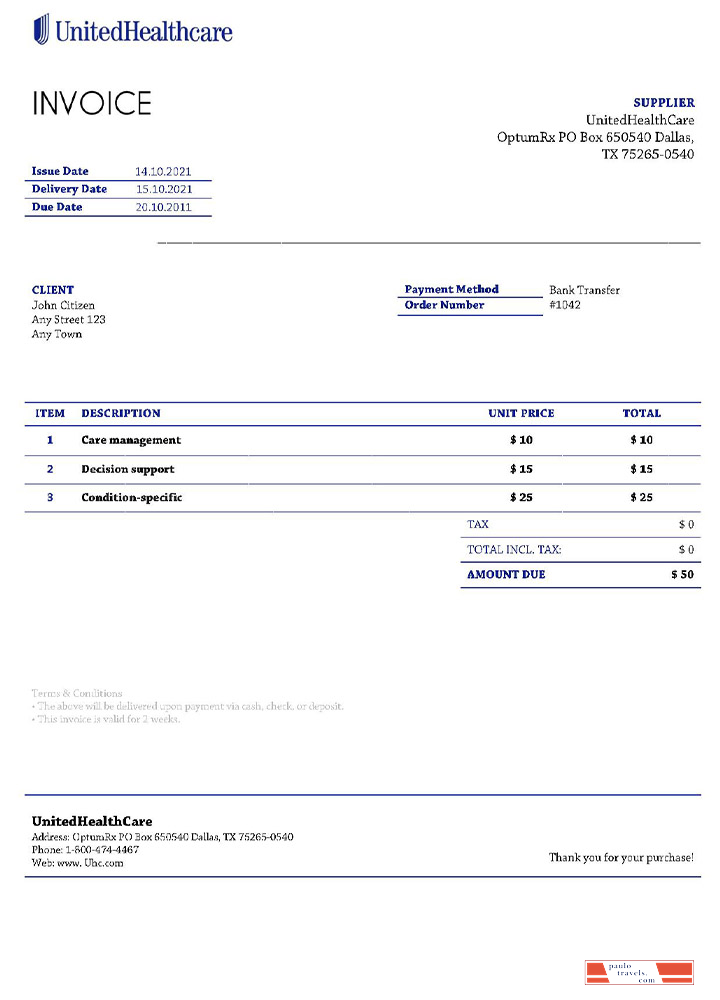 USA UnitedHealthCare invoice PSD template